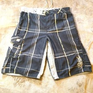Point Zero Surf gray white plaid mens swim trunks board shorts Size L